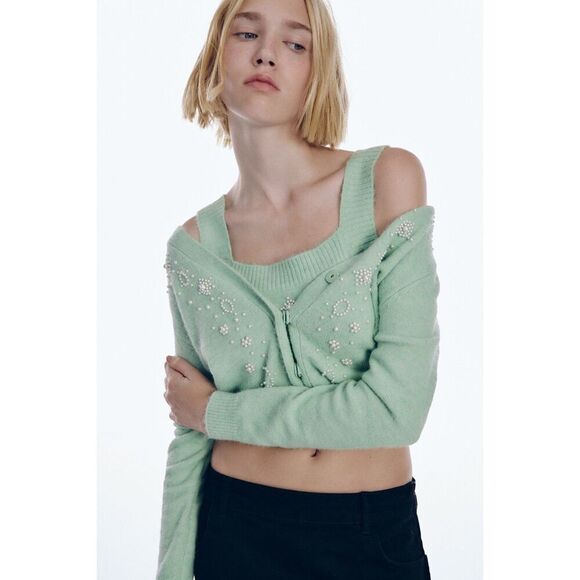 Green Zara Pearl Embellished Button Front Long Sleeve Cardigan Sweater (NWT) - Picture 3 of 8